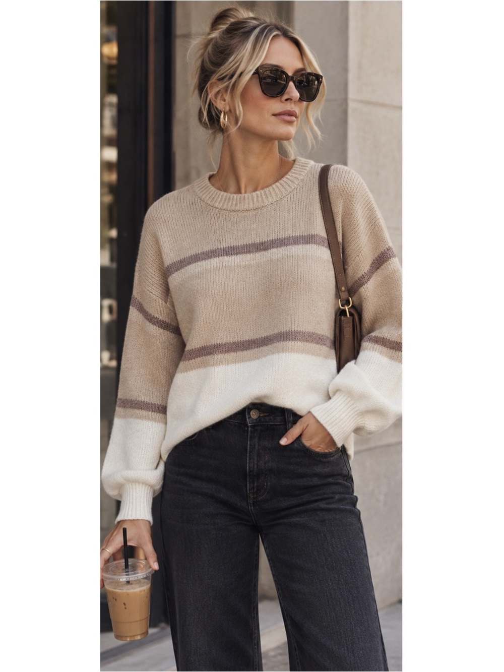 New LOVE ELLIE Metallic Stripe Crew Neck Sweater Beige Cream Womens Size 2XL